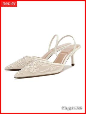 Mesh Embroidered Slingback Heels with Bead - Elegant Backless Kitten Heels